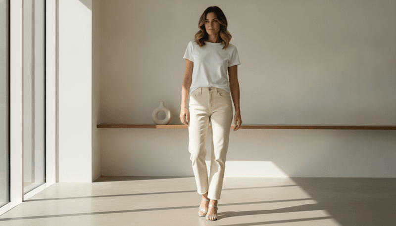 Ecru Jeans + Metallic Heeled Sandals