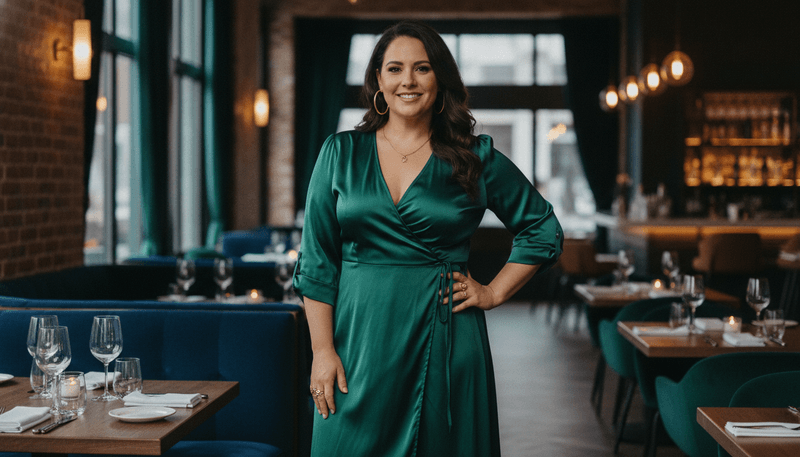 Emerald Wrap Dress + Nude Heels