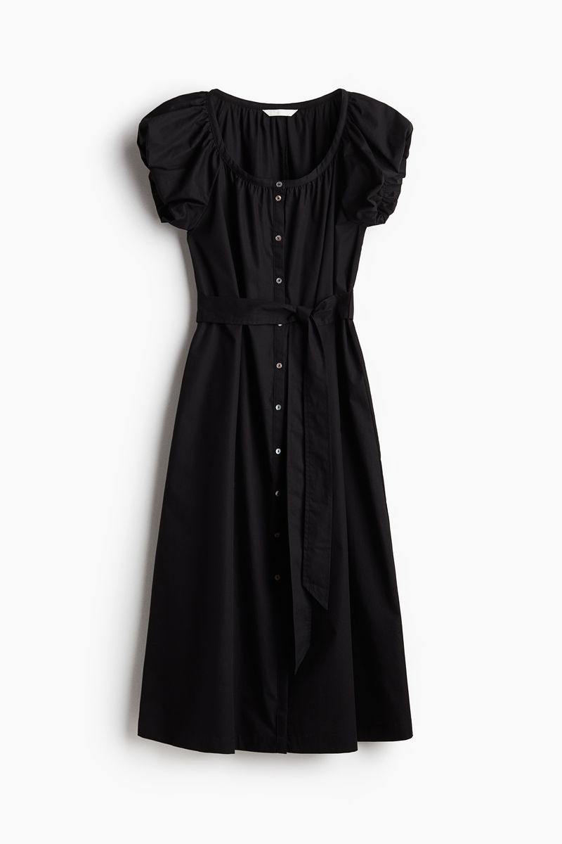H&M Cotton Poplin Puff-Sleeve Midi Dress