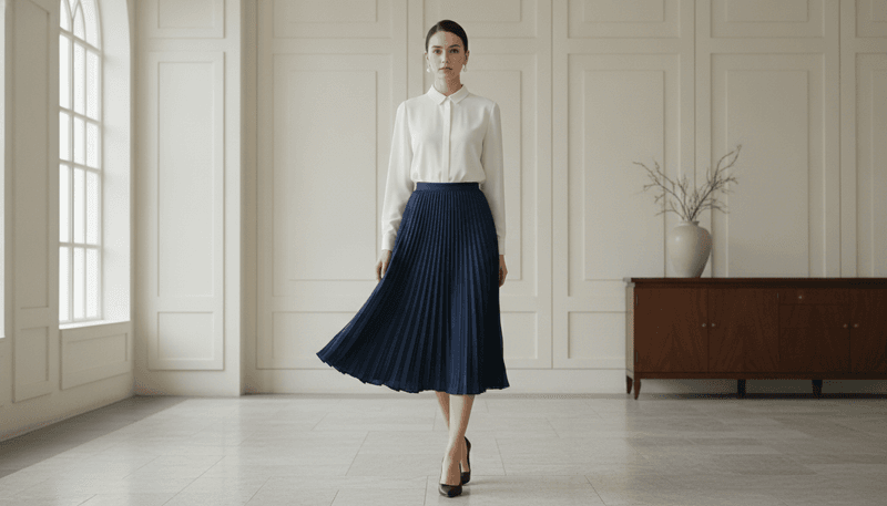 Long Pleated Skirt With a Button-Up Shirt