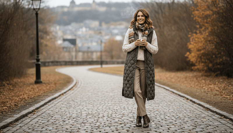 Longline Quilted Vest With Neutral Layers