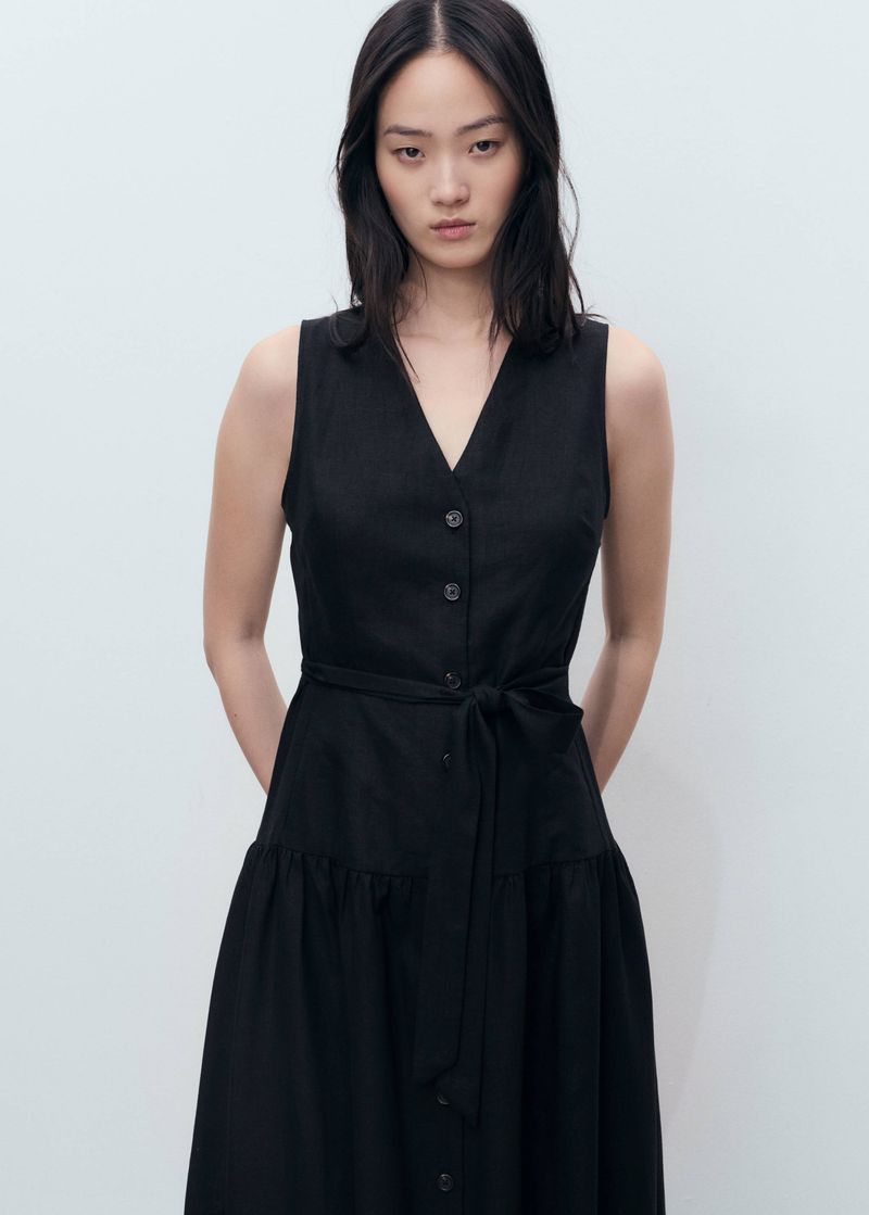 Mango Linen-Blend Belted Midi Dress