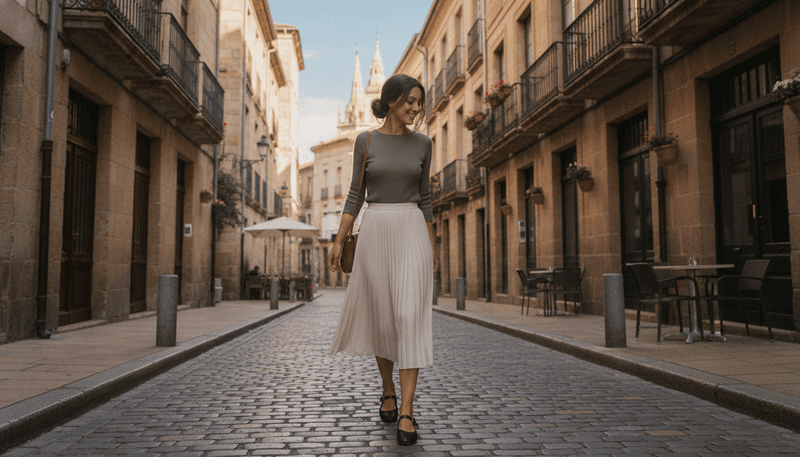 Mary Jane Ballet Flats With a Pleated Midi Skirt