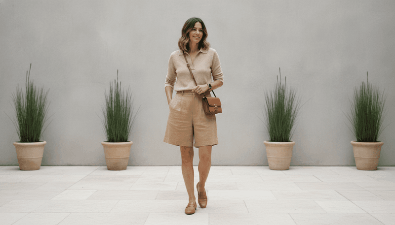 Neutral Knit Polo + Camel Shorts