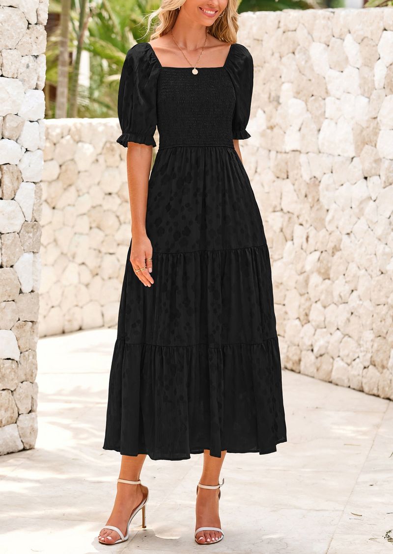 Prettygarden Square-Neck Smocked Midi Dress