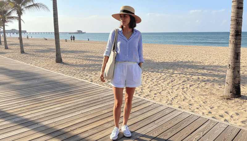 Striped Button-Up + White Shorts