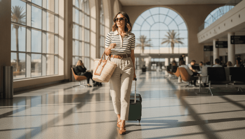 Striped Knit Polo with Full-Length Linen Trousers