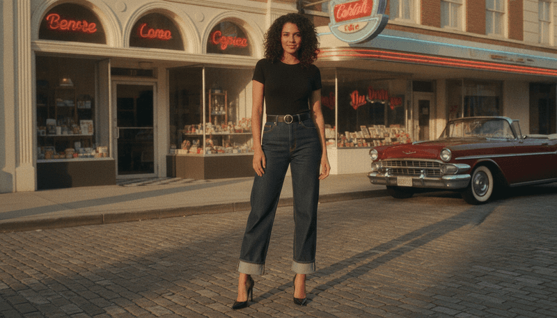 Vintage-Inspired High-Waist Jeans + Classic Stiletto Pumps