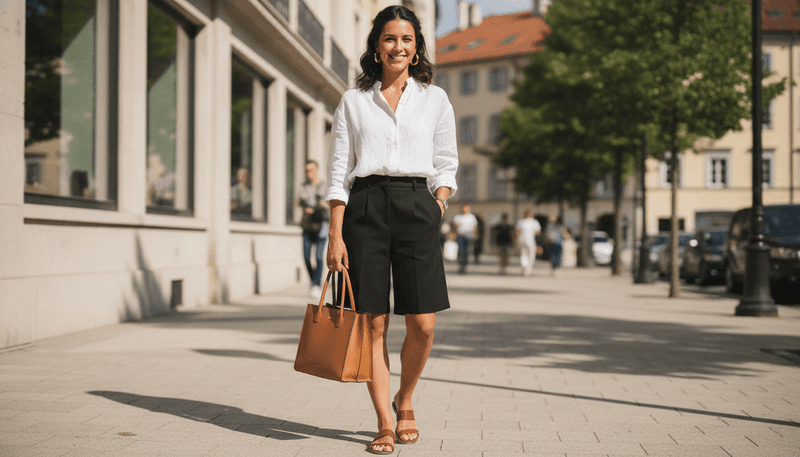 White Linen Shirt + Tailored Black Shorts + Leather Sandals
