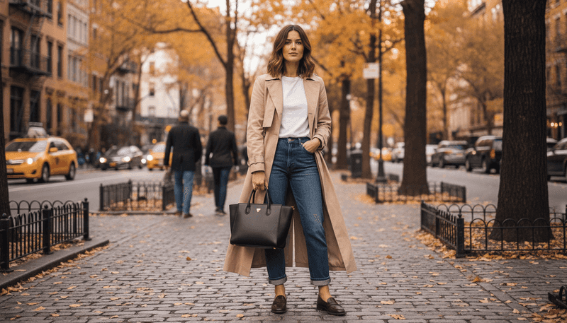 White T-Shirt + Dark-Wash Jeans + Trench Coat