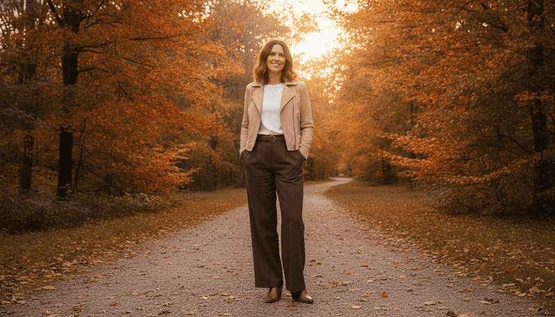 Beige Suede Jacket + White Tee + Dark Brown Trousers