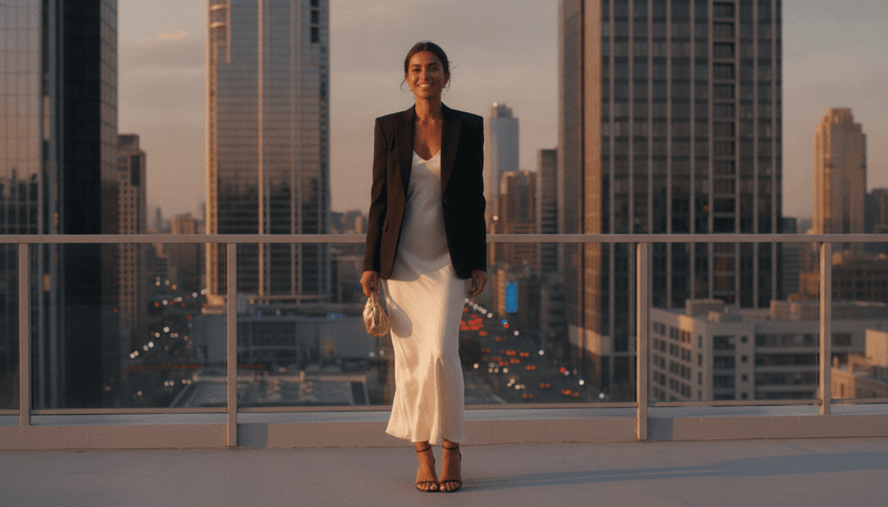 Black Blazer + Ivory Slip Dress + Minimalist Sandals