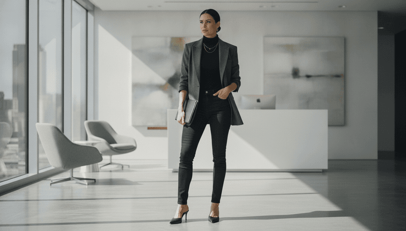 Black Jeans + Sleeveless Turtleneck + Oversized Blazer + Kitten-Heel Mules