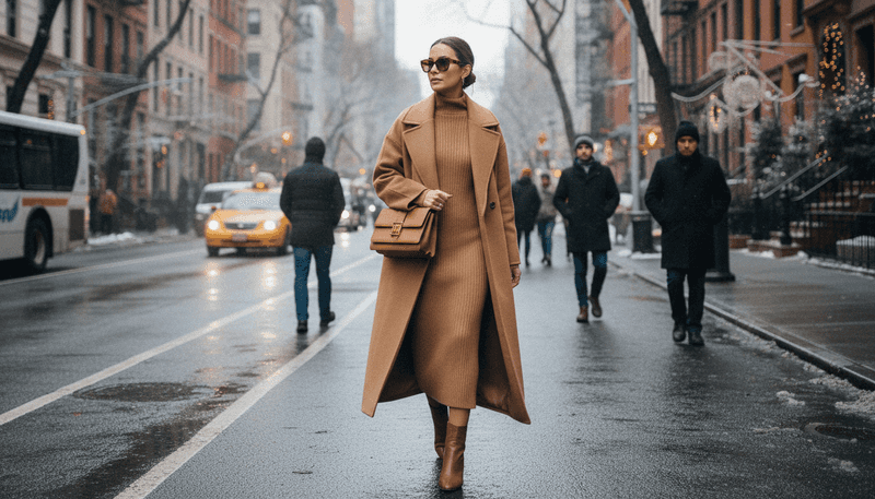 Camel Knit Dress + Long Wool Coat + Structured Leather Bag