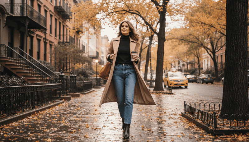 Camel Trench Coat + Black Turtleneck + Straight-Leg Jeans