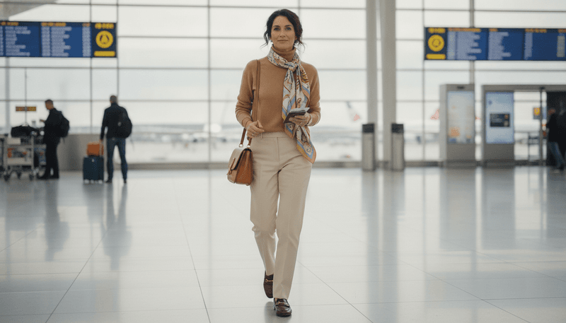 Cashmere Sweater + Tailored Trousers + Loafers + Silk Scarf + Shoulder Bag