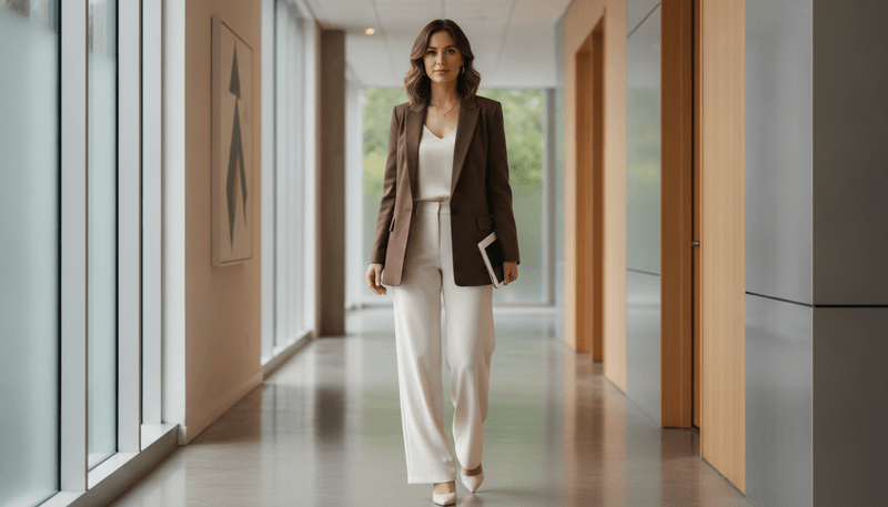 Chocolate Brown Blazer + Cream Trousers + Pointed-Toe Heels