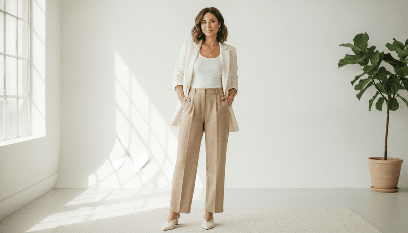 Cream Blazer + White Tank + Tailored Beige Trousers
