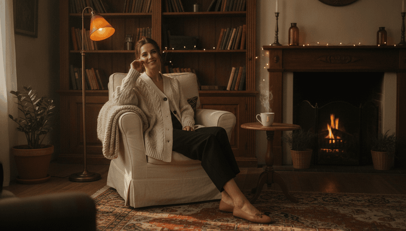 Cream Cardigan + Black Tailored Pants + Ballet Flats