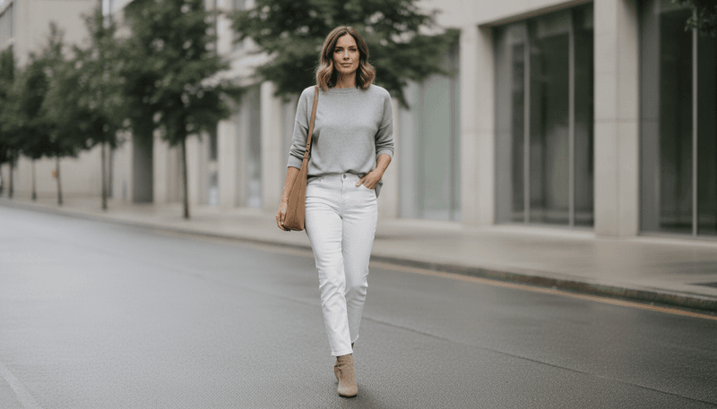 Crewneck Sweater + White Jeans + Ankle Boots