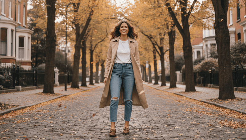 Cropped Jeans + Fitted T-Shirt + Trench Coat + Loafers