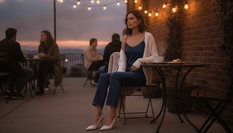 Dark-Wash Jeans + Satin Camisole + Lightweight Cardigan + Slingback Heels