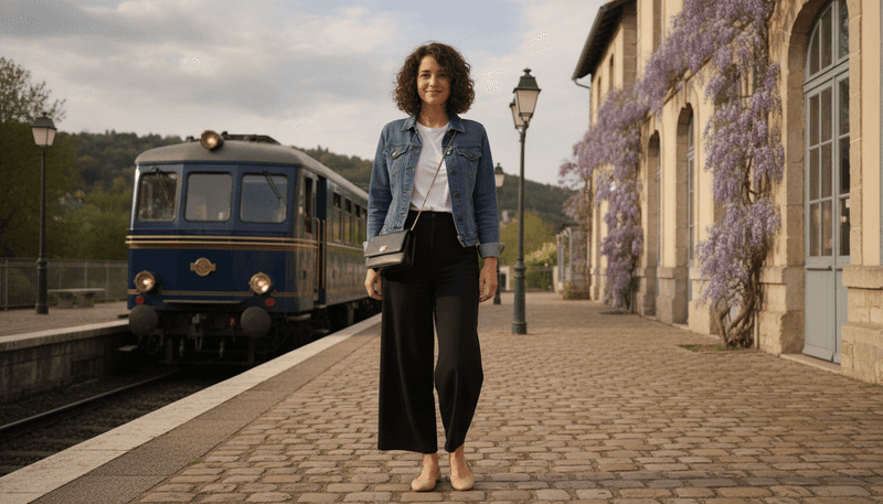 Denim Jacket + White Tee + Black Wide-Leg Trousers + Ballet Flats + Crossbody Bag