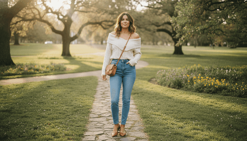 High-Waisted Jeans + Off-the-Shoulder Knit Top + Pointed Flats + Shoulder Bag