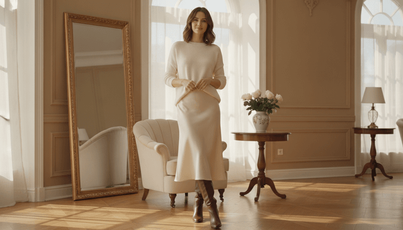 Ivory Knit Sweater + Satin Midi Skirt + Knee-High Boots