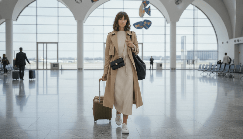Knit Midi Dress + Trench Coat + Ankle Boots or Sneakers + Crossbody Bag
