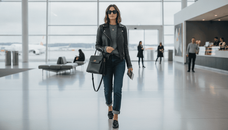 Leather Jacket + Simple Knit + Dark Straight-Leg Jeans + Loafers + Structured Tote