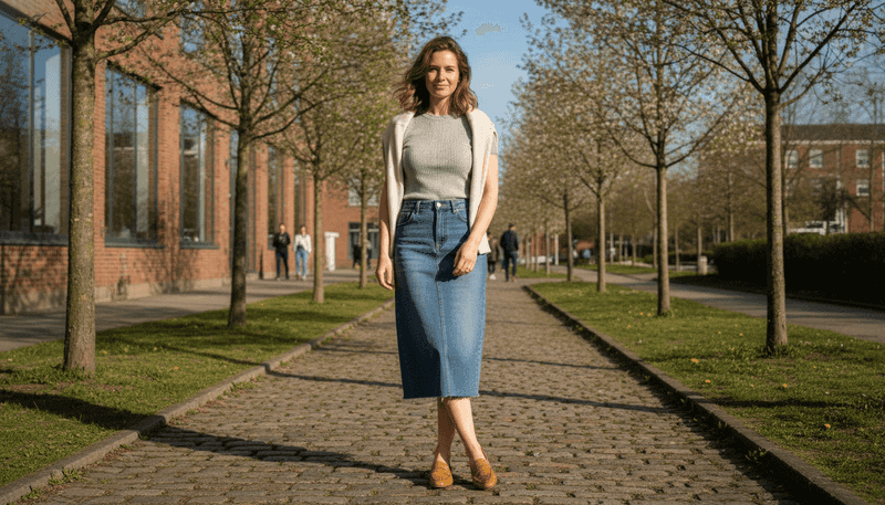 Loafers + Denim Midi Skirt + Lightweight Knit Top