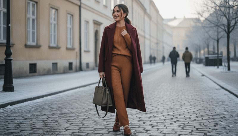 Loafers + Matching Knit Set + Long Wool Coat