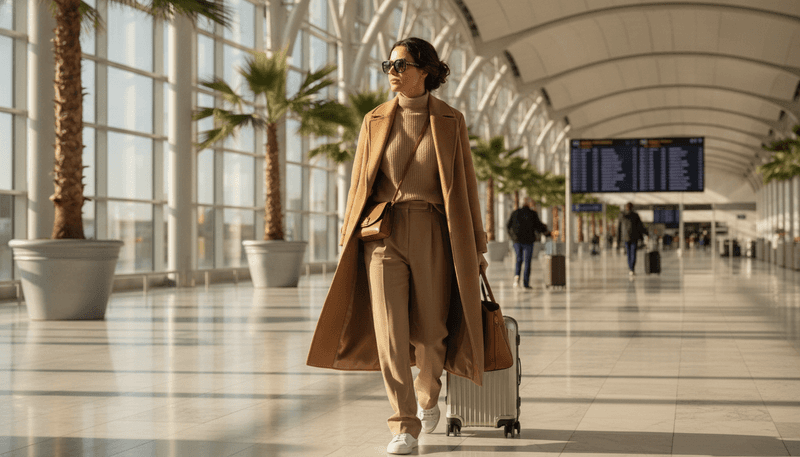 Longline Coat + Monochrome Knit Top + Matching Trousers + Sleek Sneakers + Sunglasses