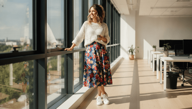 Midi Skirt + Lightweight Knit + Sneakers