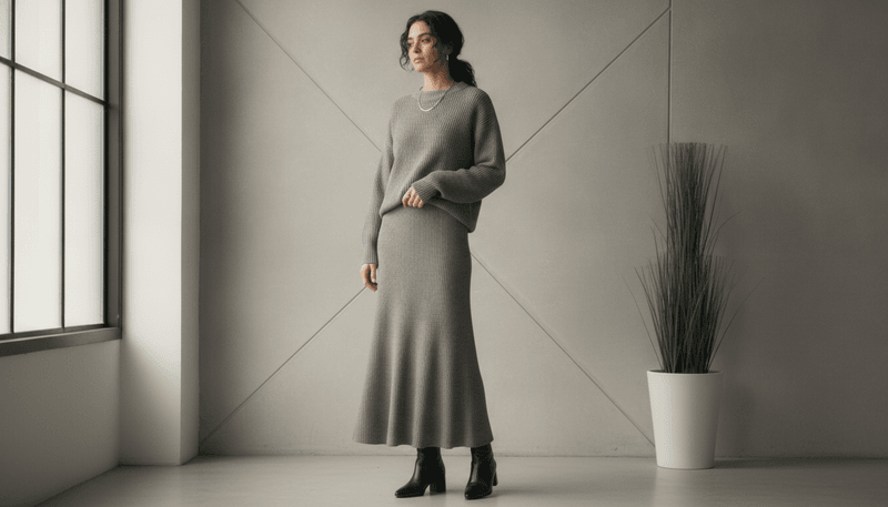 Monochrome Gray Knit + Maxi Skirt + Sleek Ankle Boots