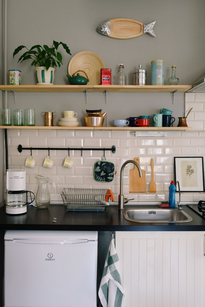 Open Shelving Packed with Mismatched Dishes