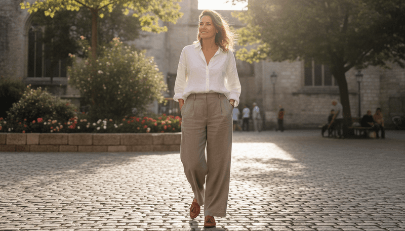 Oversized White Shirt + Taupe Wide-Leg Pants + Leather Loafers