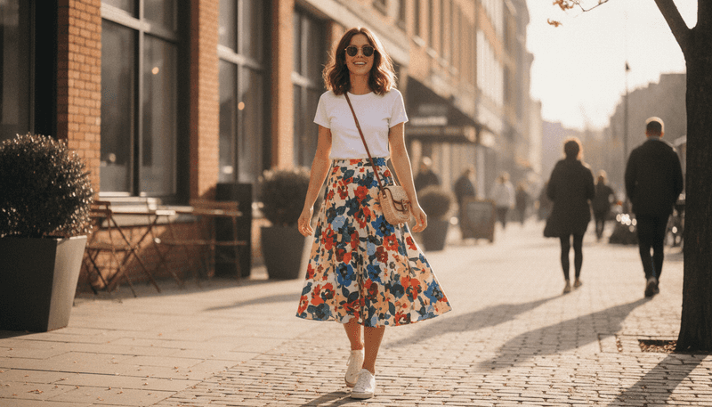 Pair a Floral Midi Skirt With a Simple White Tee