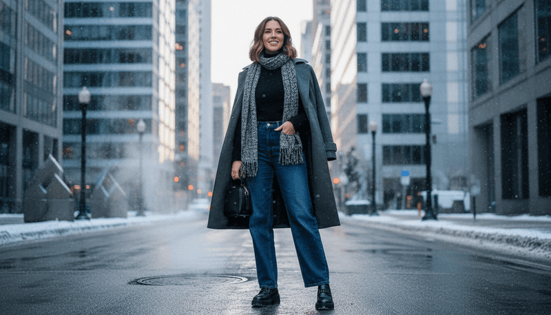 Platform Loafers + Wide-Leg Jeans + Fitted Turtleneck
