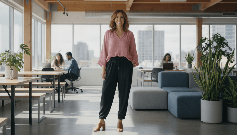 Pull-On Trousers + Relaxed Blouse + Mules