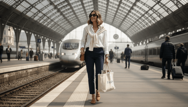 Relaxed Button-Down + Cropped Trousers + Loafers + Lightweight Sweater Over Shoulders + Tote
