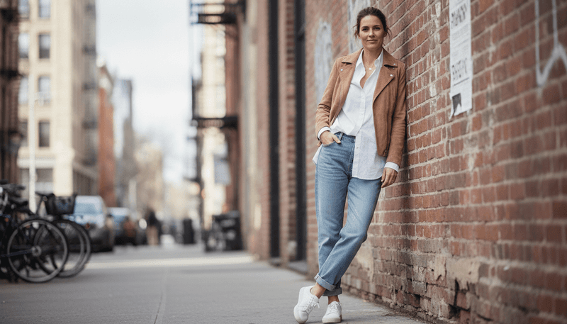 Relaxed Jeans + White Button-Down + Suede Jacket + Minimal Sneakers