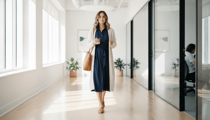 Shirt Dress + Cardigan + Comfortable Flats