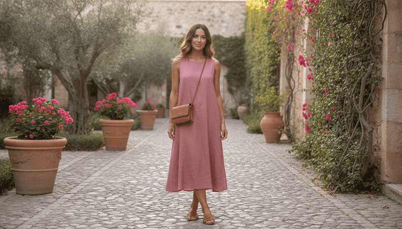 Sleeveless Midi Dress + Leather Sandals + Crossbody Bag