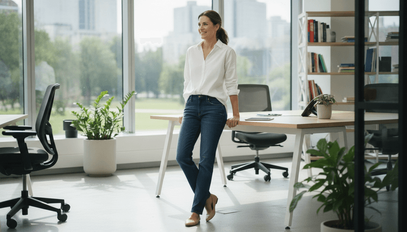 Straight-Leg Jeans + Button-Down Shirt + Ballet Flats