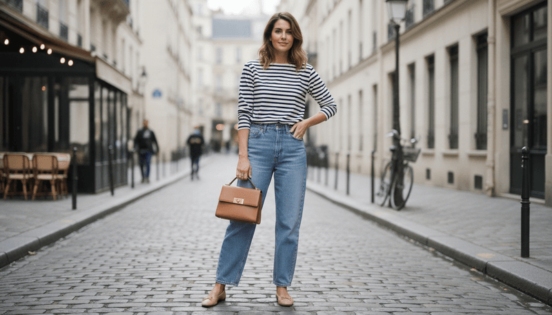 Striped Breton Top + Wide-Leg Jeans + Ballet Flats + Structured Handbag