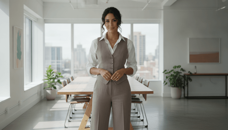 Taupe Vest + Matching Trousers + Crisp White Shirt