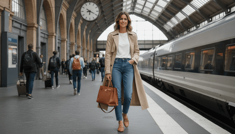 Trench Coat + White T-Shirt + Straight-Leg Jeans + Loafers + Leather Tote