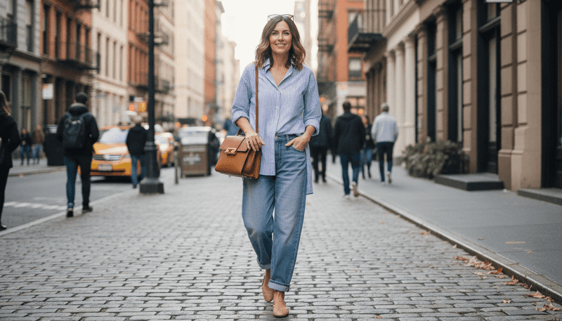 Wide-Leg Jeans + Striped Button-Down + Ballet Flats + Structured Tote